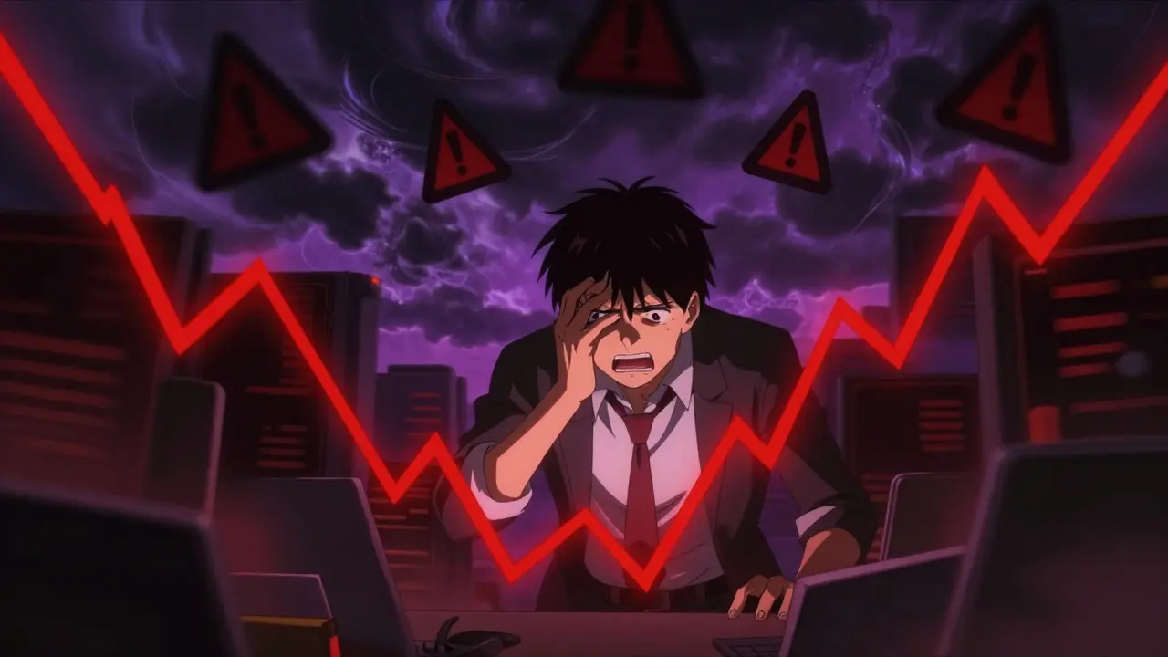 Trader worried under storm clouds representing market risk.