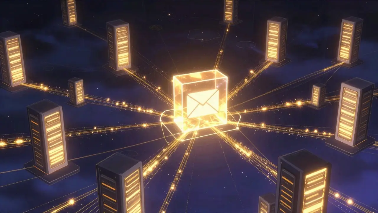 Abstract anime art of decentralized blockchain nodes forming a secure data chain.