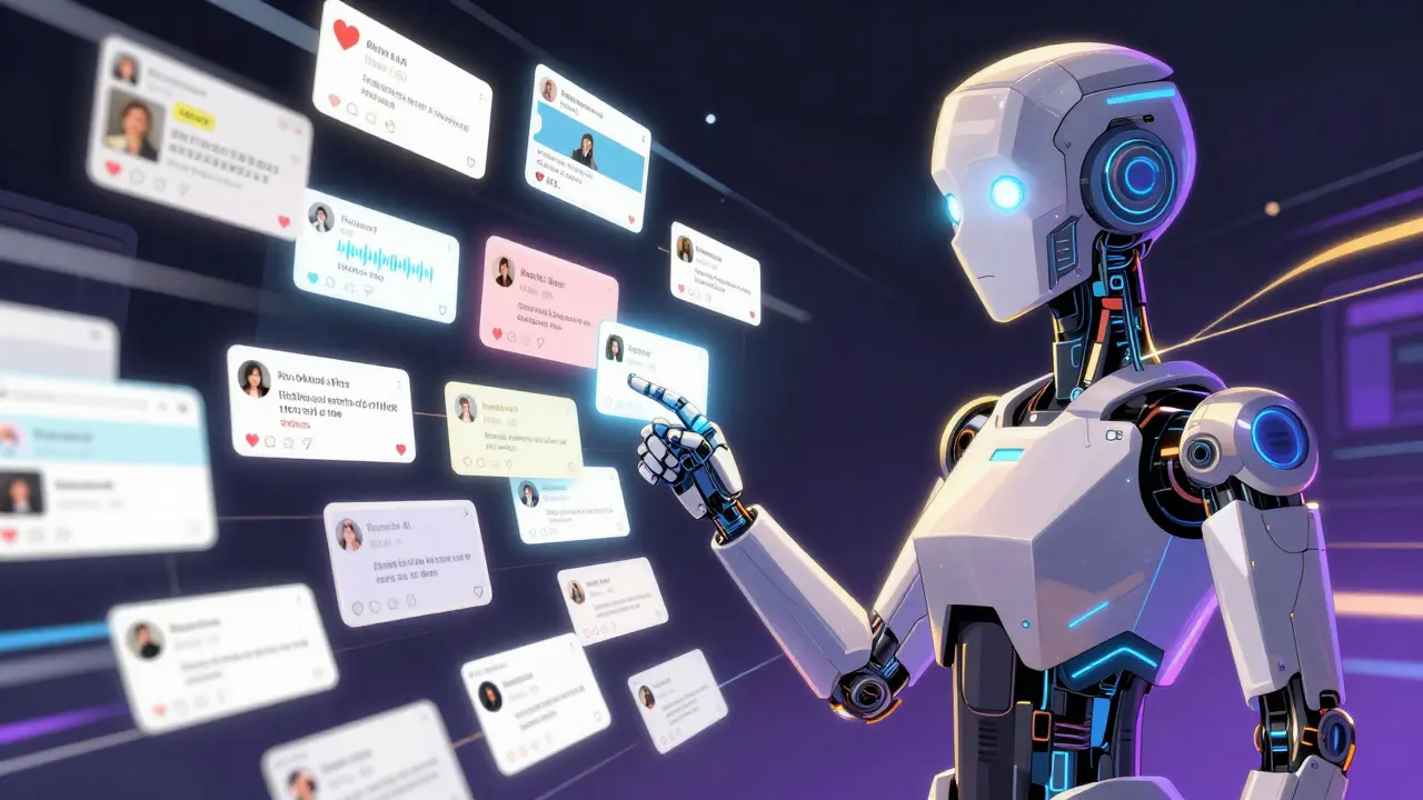 AI avatar analyzing social media engagement metrics in a digital interface