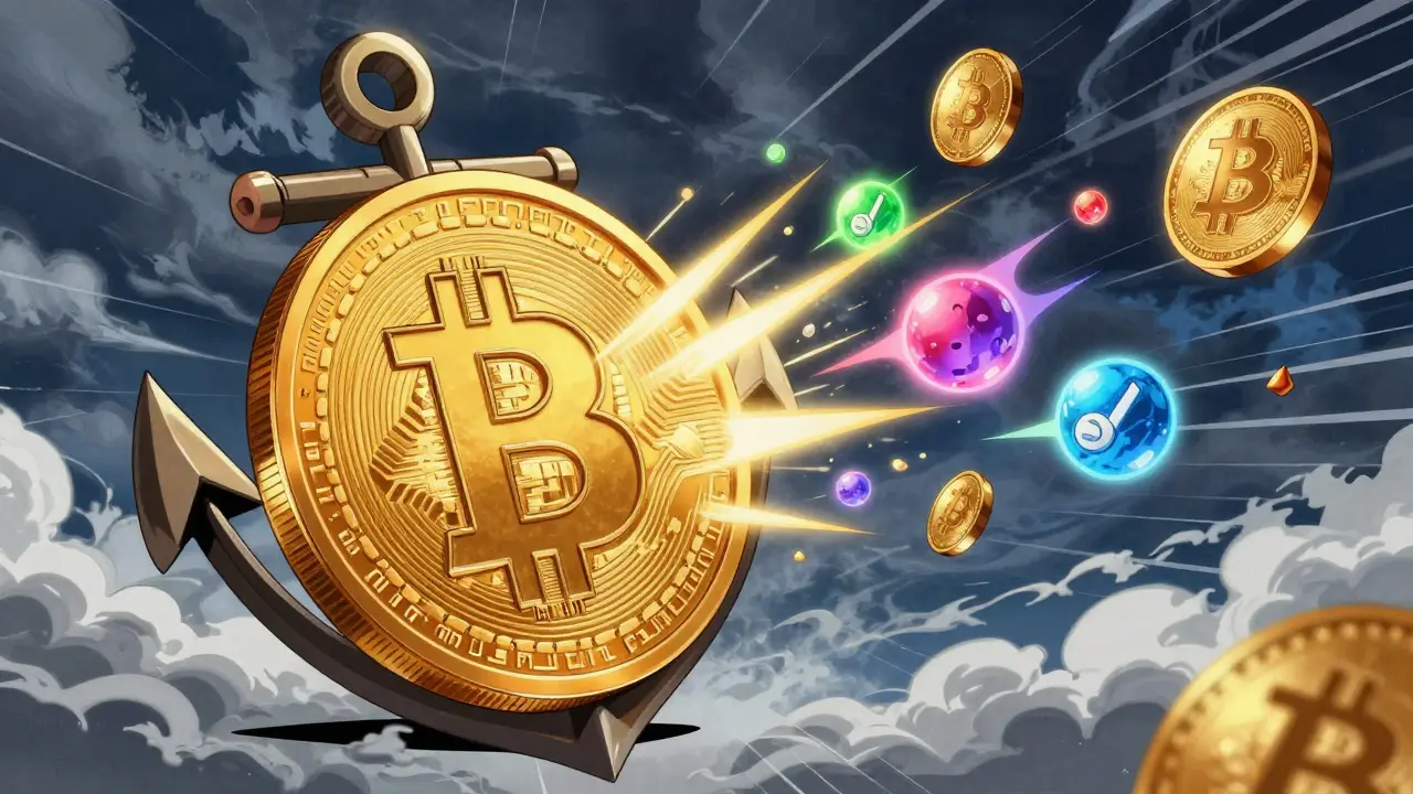 Anime art of Bitcoin as a safe haven against volatile altcoins