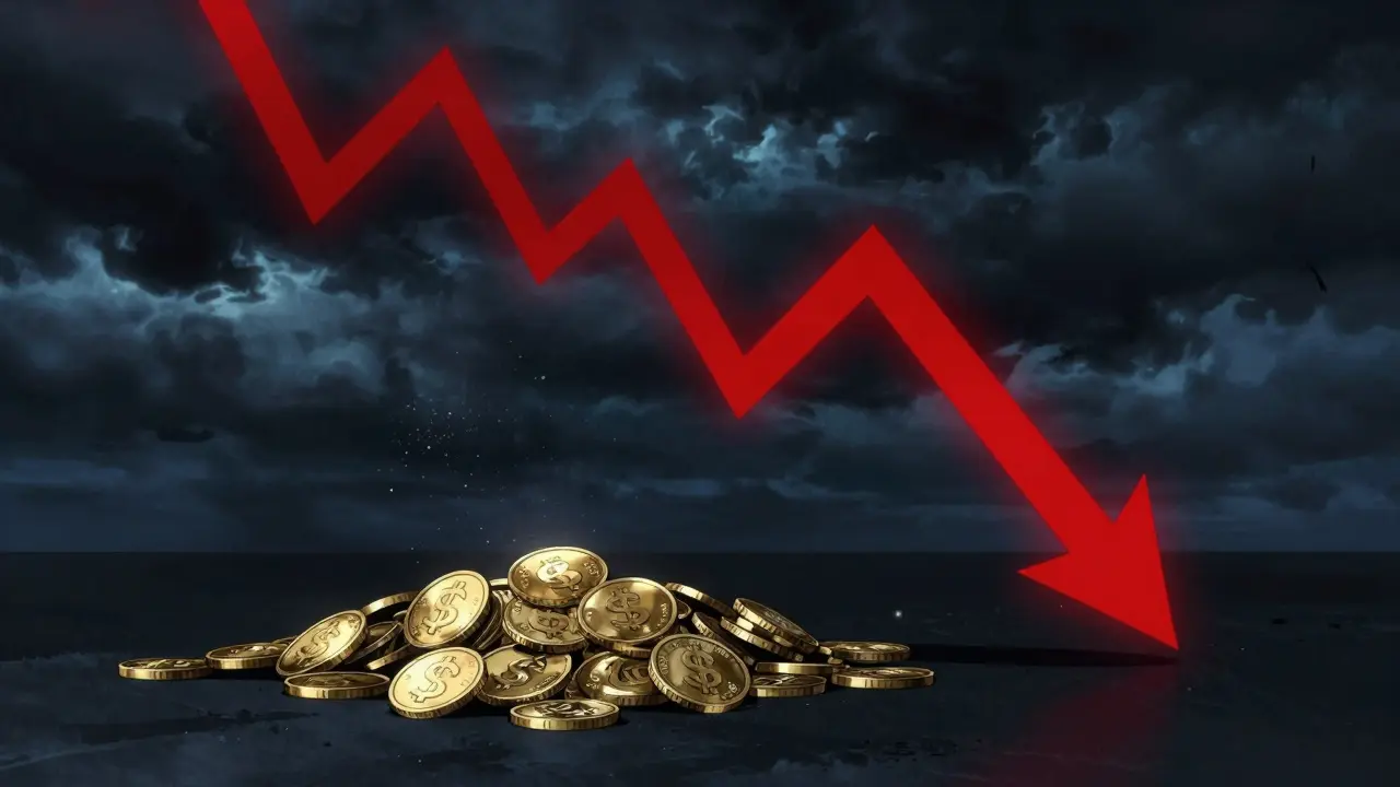 Anime art showing coins disappearing into dust under a red crash chart