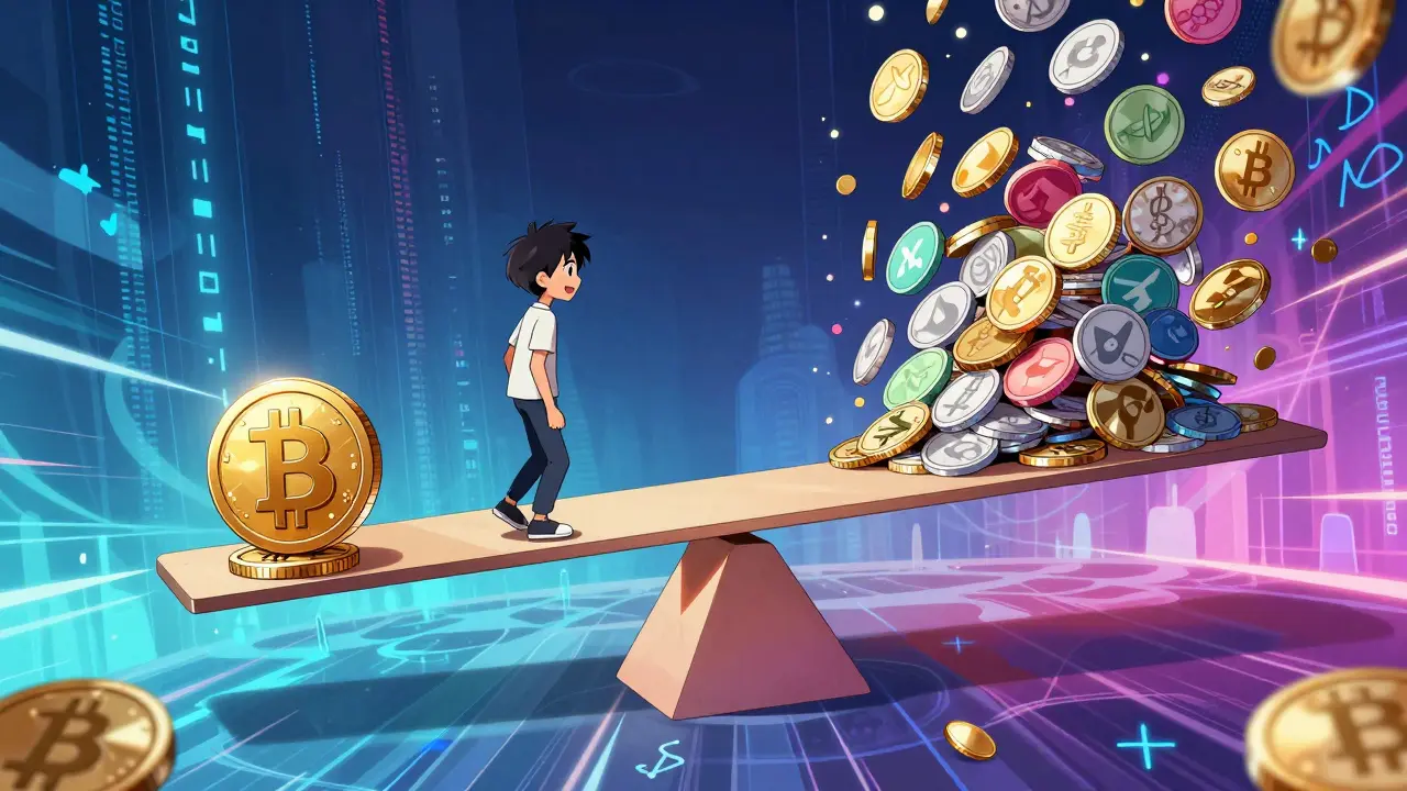 Anime character balancing volatile crypto profits on a tightrope