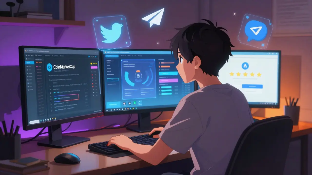 Anime character completing crypto airdrop tasks on glowing computer screens