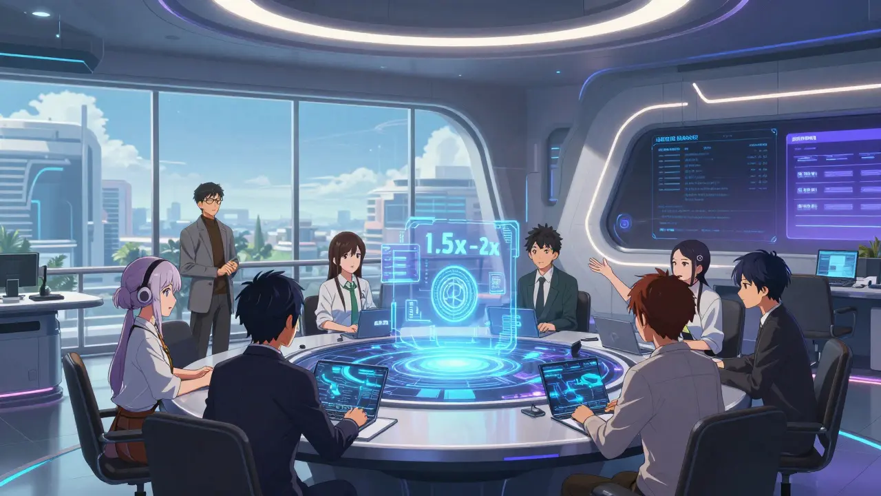 Anime characters meeting in futuristic virtual metaverse HQ