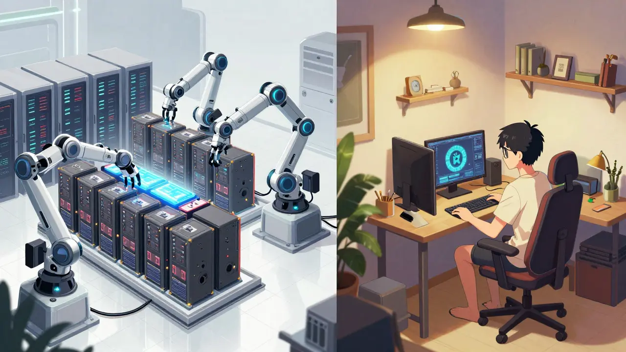 Anime comparison of industrial ASIC mining vs home CPU mining