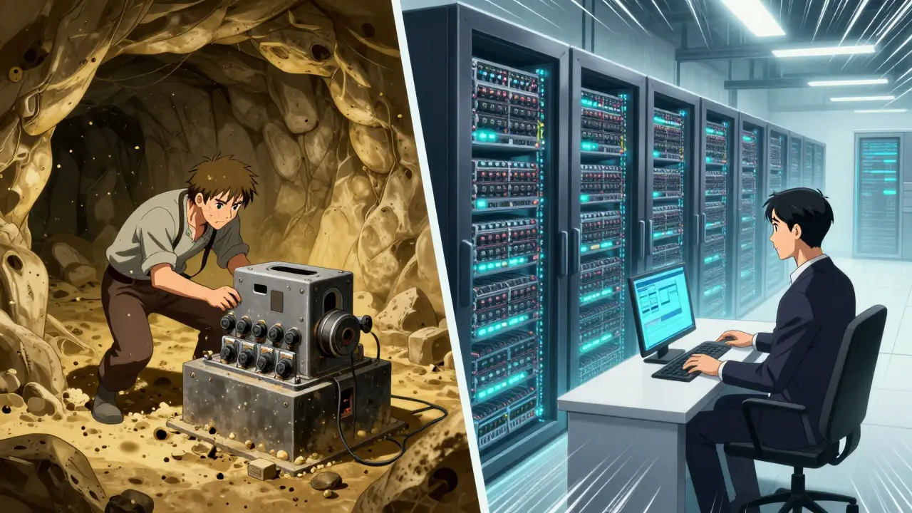 Anime comparison of old rugged miners vs modern institutional server rooms
