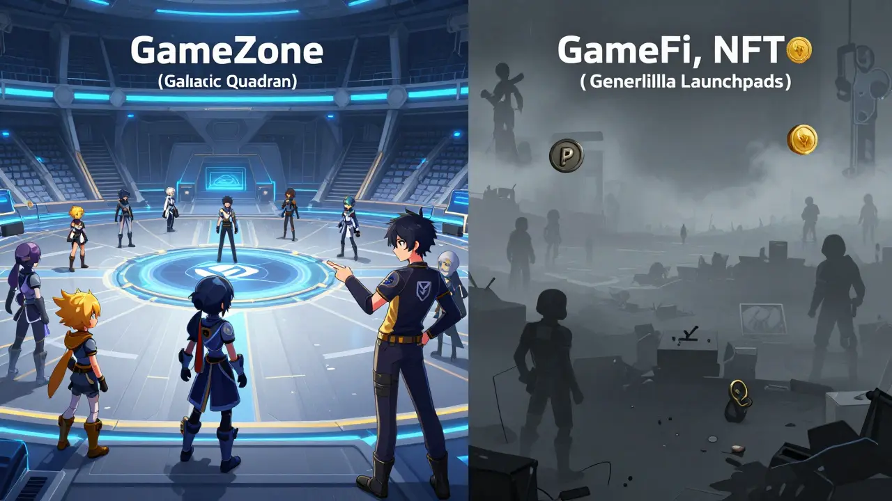 Anime comparison showing structured GameFi support versus chaotic general crypto launchpads.