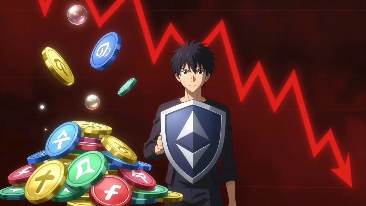 Anime figure balancing crypto token rewards against a volatile market graph