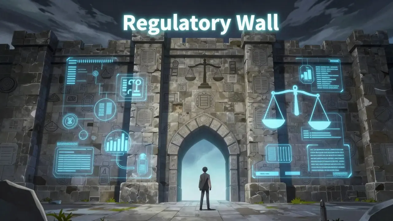Anime figure confronting a massive regulatory wall symbolizing KYC and AML laws