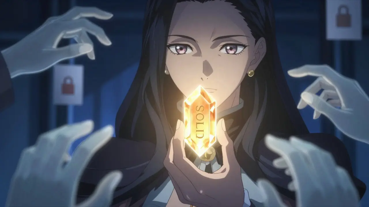 Anime figure holding a glowing golden SOLID token, blocking shadowy hands with a protective barrier.