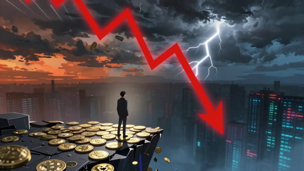 Anime figure on a crumbling crypto platform overlooking a steep market drop