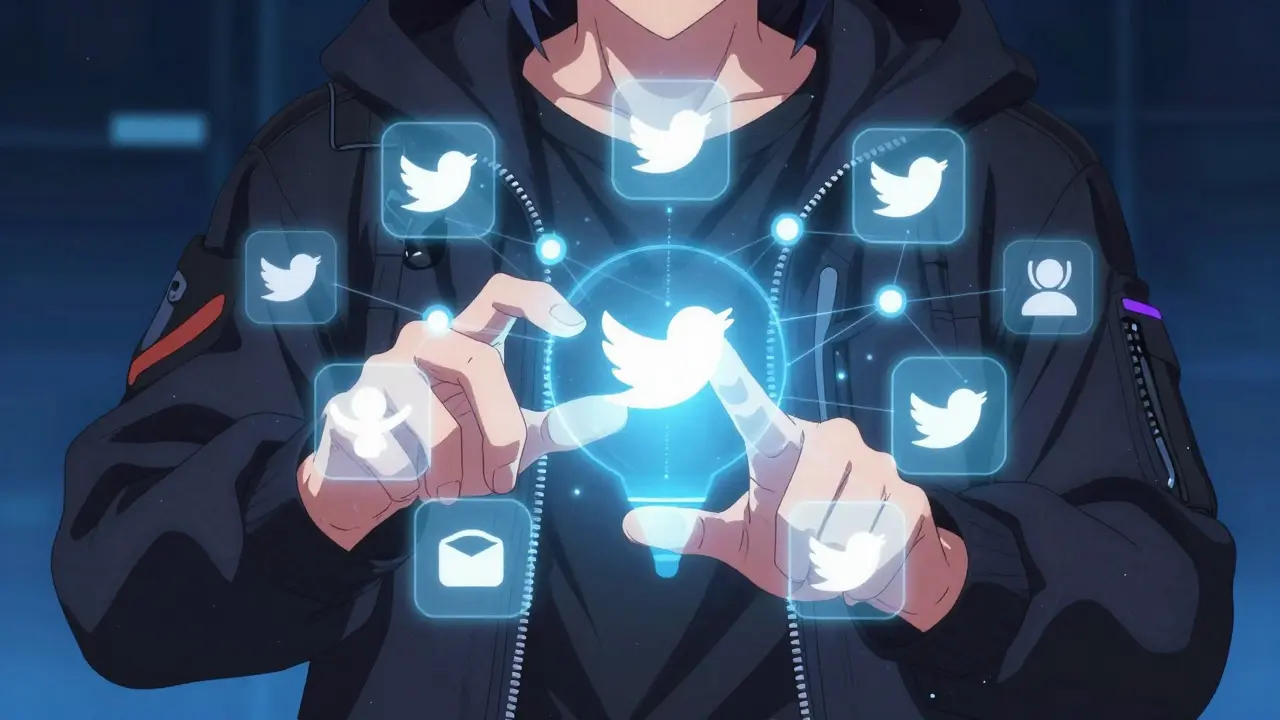 Anime gamer interacting with holographic social media icons and networks