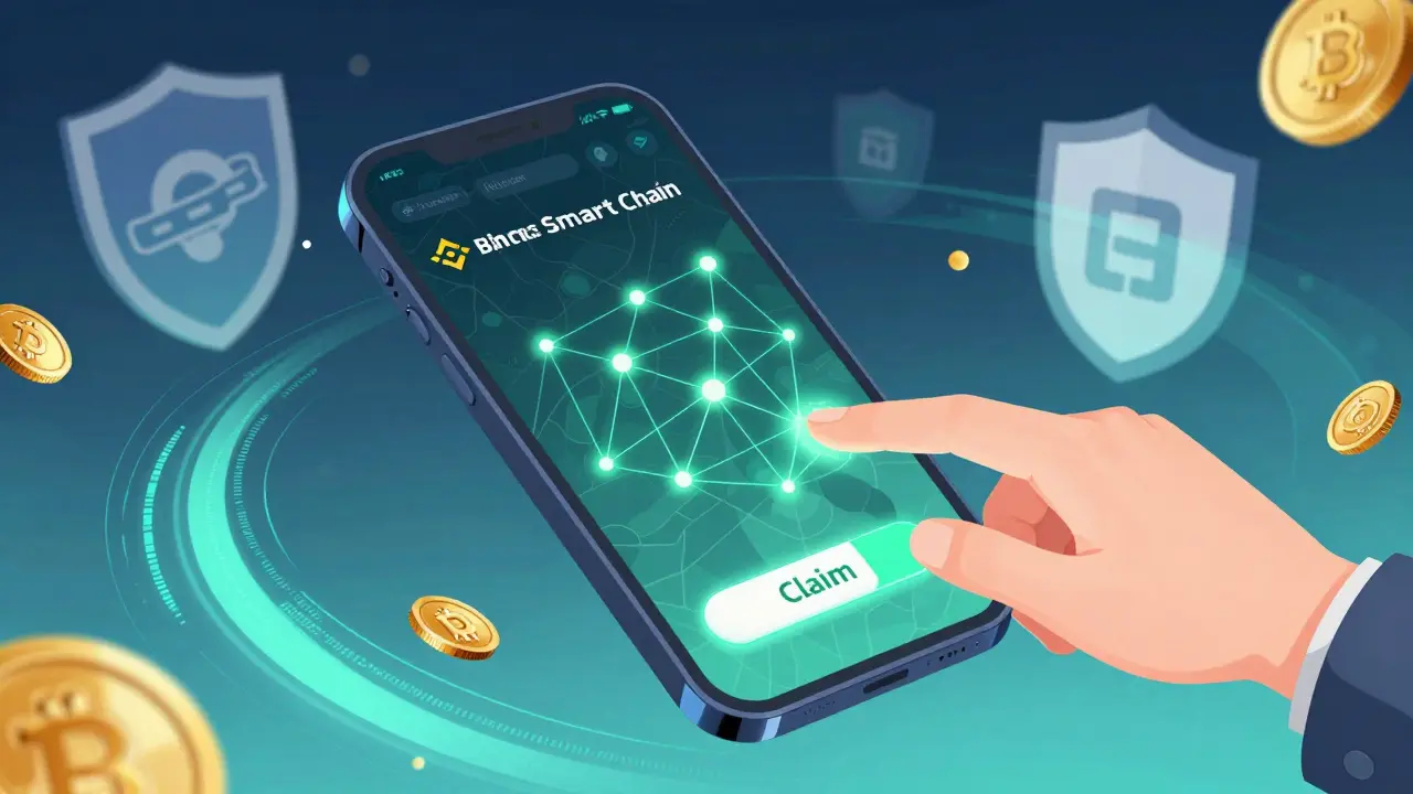 Anime hand tapping a crypto claim button on a floating phone screen