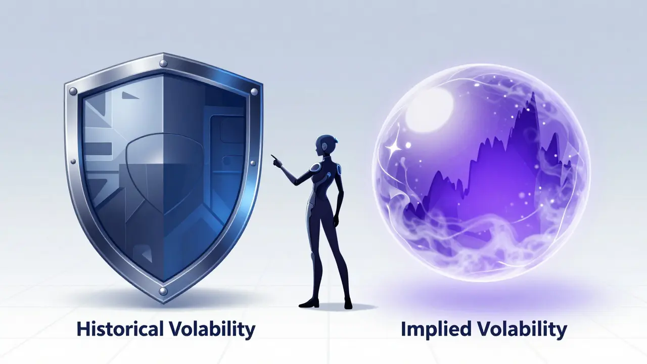 Anime illustration comparing historical vs implied volatility shields