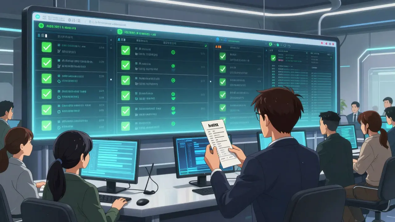 Anime scene showing transparent auditability and verified votes on digital screens.