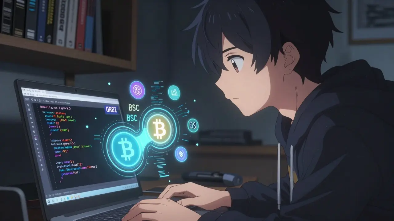 Anime-style developer working on Bitcoin Layer-2 code, surrounded by digital particles representing ORBI token flow and liquidity challenges in a cyberpunk setting.