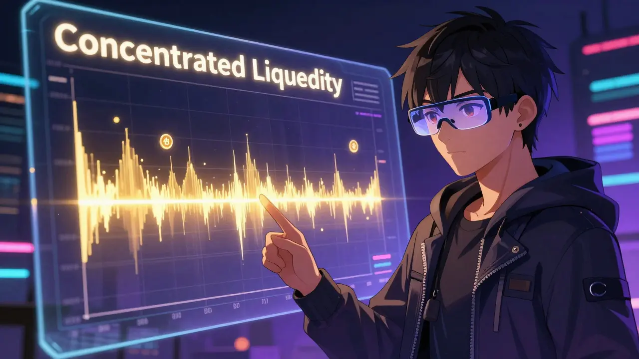 Anime trader analyzing concentrated liquidity bands on a holographic screen.