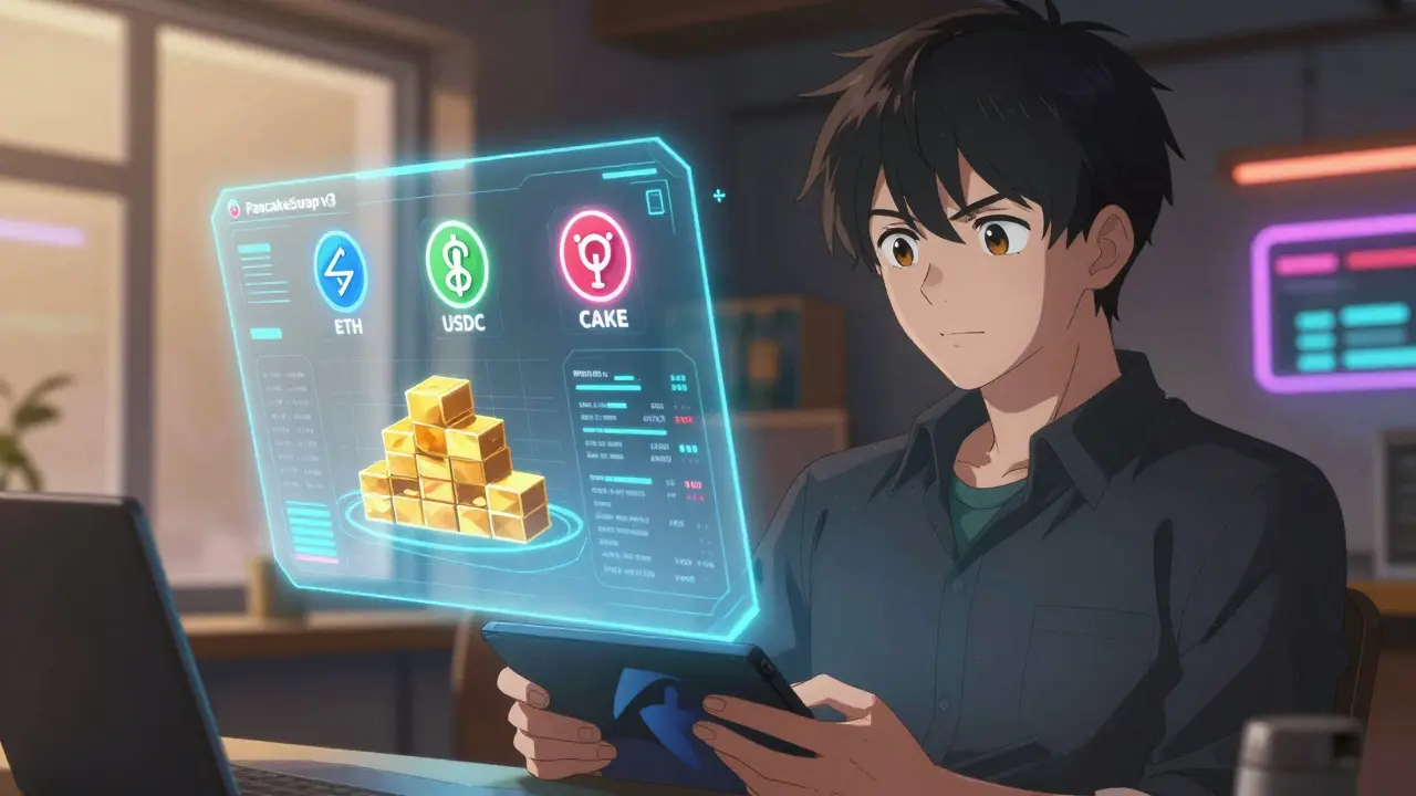 Anime trader viewing holographic PancakeSwap v3 liquidity pool metrics on screen
