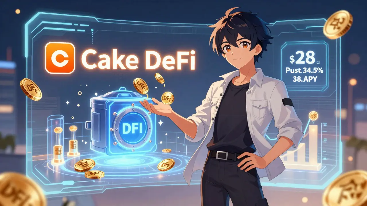 Anime user receiving DFI tokens from a glowing Cake DeFi interface with staking visuals
