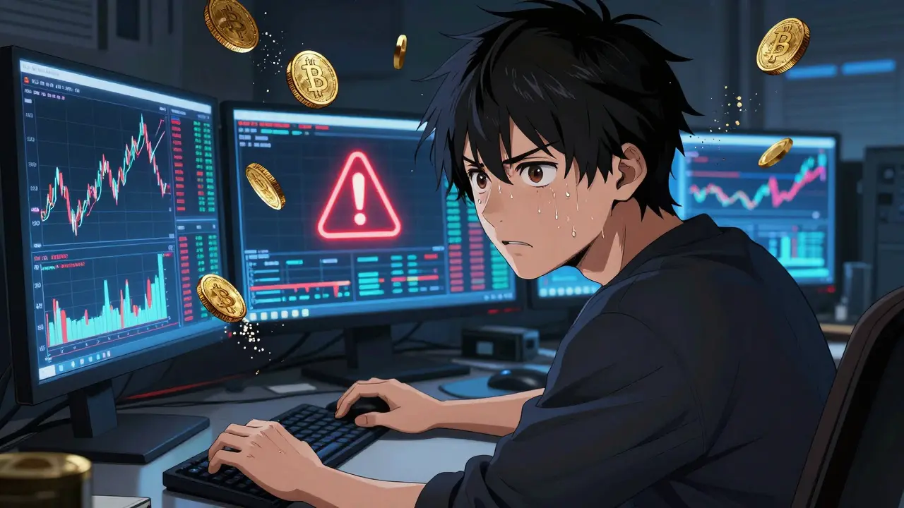 Anxious crypto trader looks at screens showing tax impact on trading margins