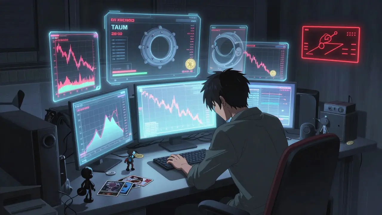 Cyberpunk anime character analyzing volatile crypto charts on holographic screens in a dark room.