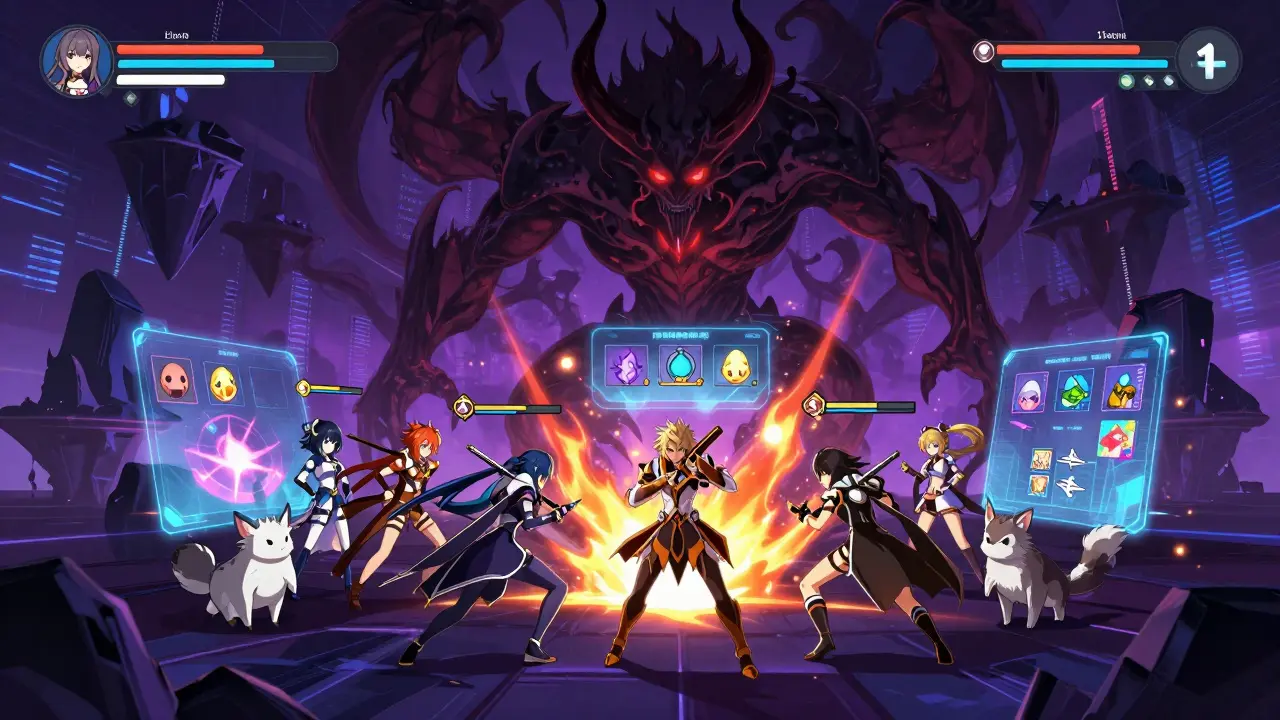 Dynamic anime battle scene showing heroes fighting a demon god with floating game UI elements.