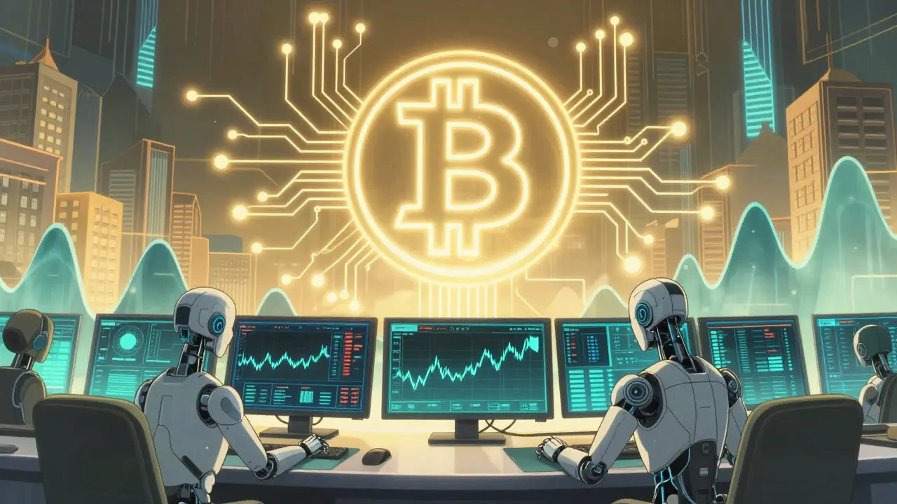 Futuristic anime scene showing AI stabilizing crypto market volatility