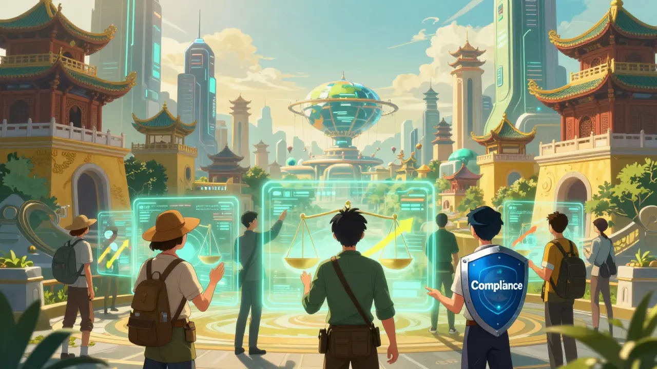 Futuristic city scene showing crypto investors adapting to new regulations
