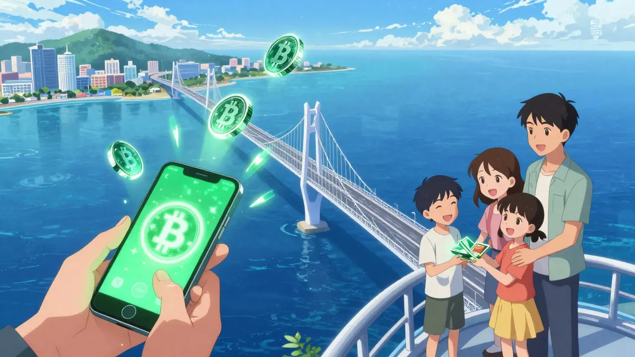 Glowing stablecoins flying instantly between users via smartphones across a map.