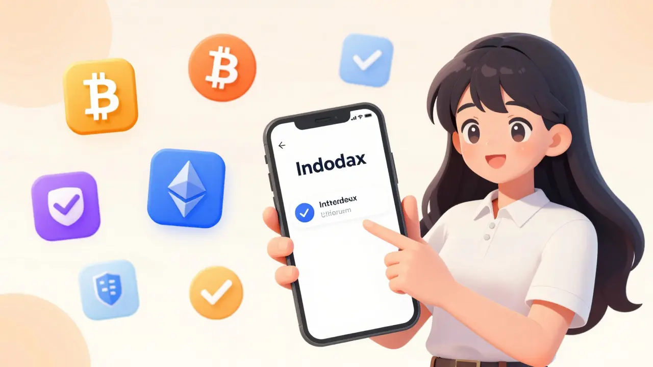 Happy user on secure Indodax app with crypto icons