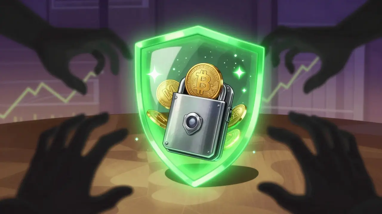 Hardware wallet protected by a green shield against dark phishing threats