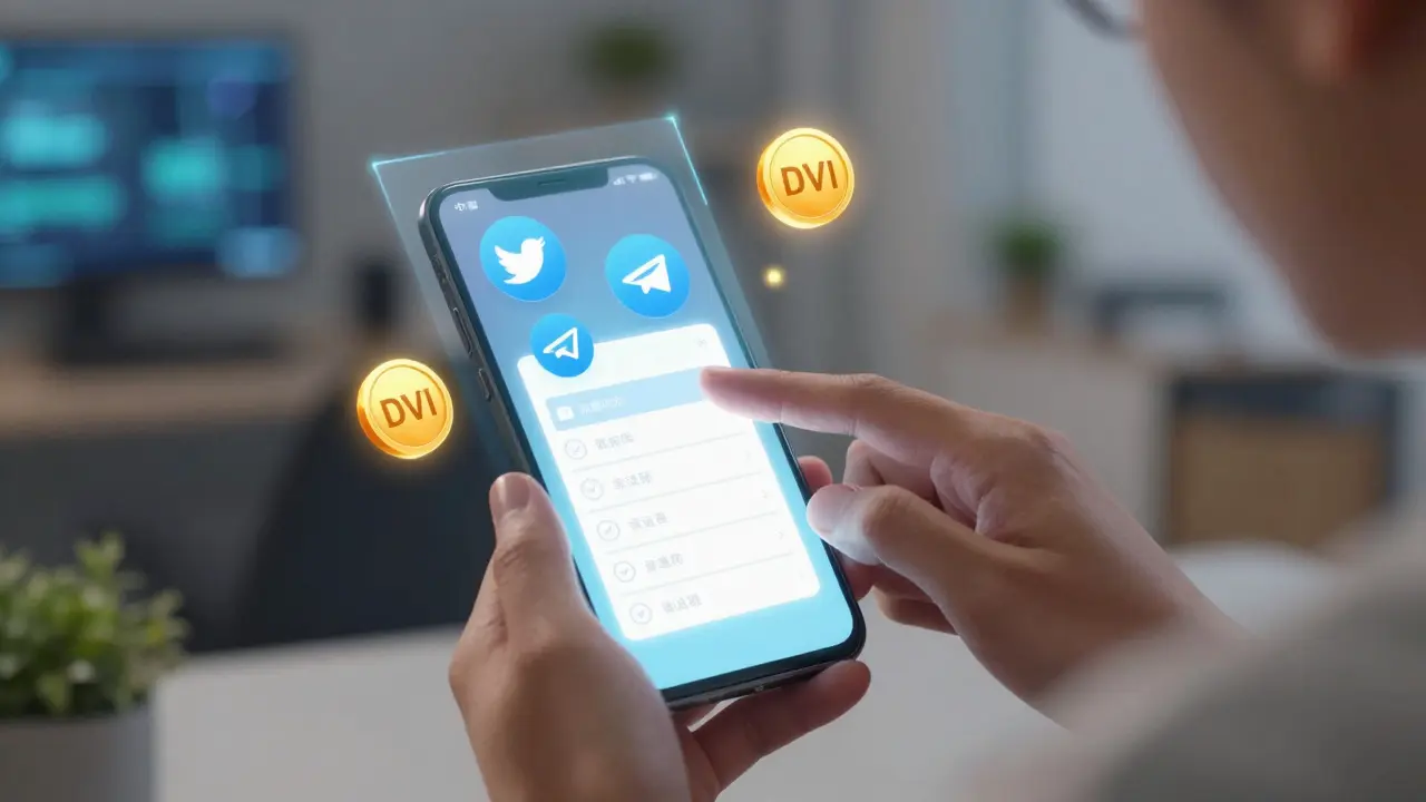 Holographic phone interface showing social tasks and floating DVI tokens