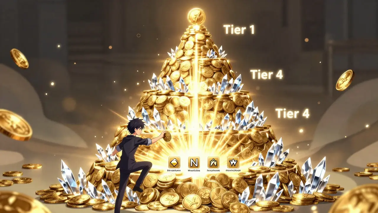 Illustration of a four-tiered staking pyramid unlocking rewards in the GZONE ecosystem.