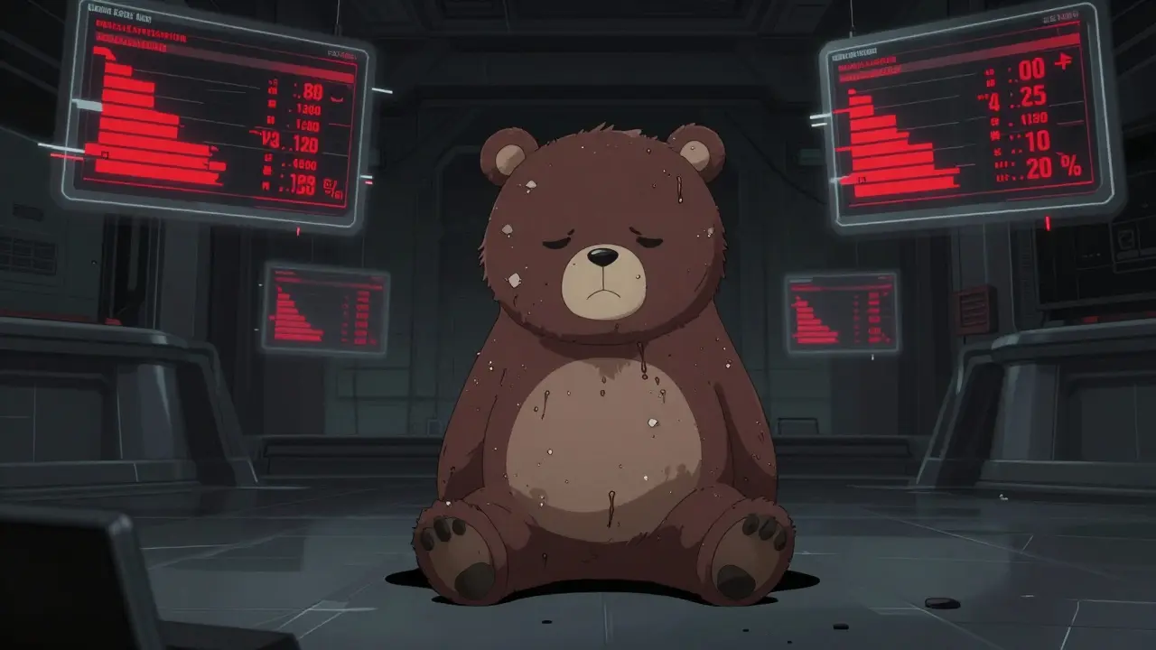 Lonely anime bear in an empty, glitching digital trading floor representing low liquidity and market decline.
