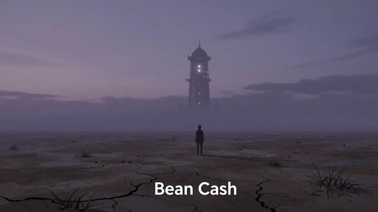 Melancholic anime view of dormant Bean Cash blockchain in a vast digital landscape