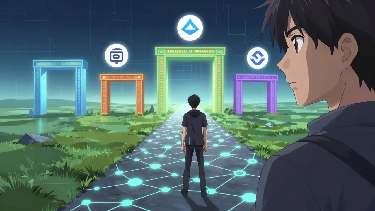 Person standing on blockchain path choosing between different network gates.