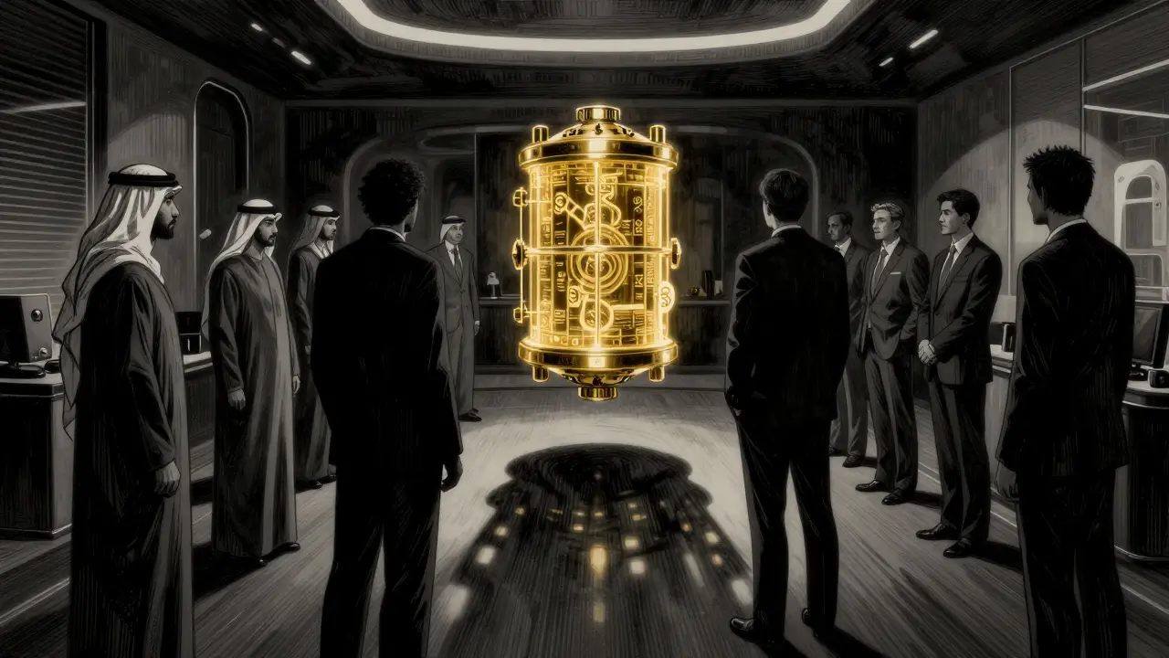Shadowy figures exchanging funds in a dark, futuristic office setting