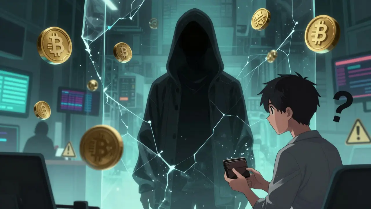 Shadowy hooded figure behind glass in a risky crypto market scene