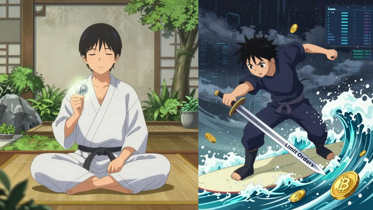 Split anime scene contrasting stable staking with volatile crypto trading actions.