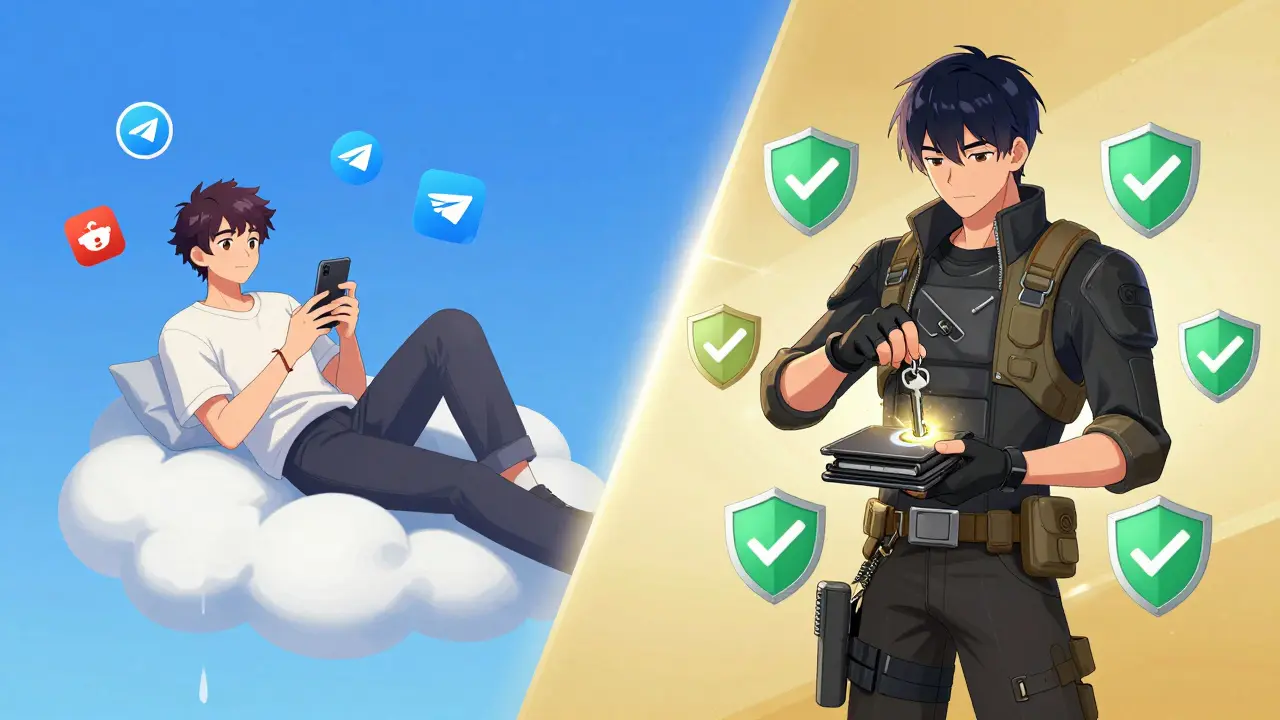Split anime scene showing social media tasks vs secure hardware wallet for crypto rewards