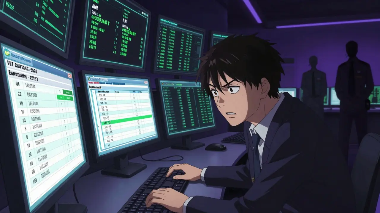 Stressed crypto operator managing compliance screens