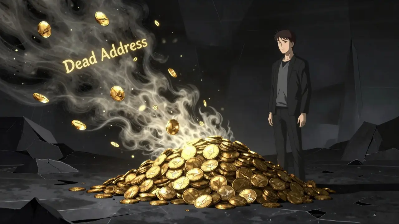 Stylized anime scene showing tokens burning away into a void, symbolizing the decentralization burn event.