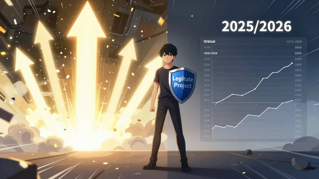 Symbolic anime art contrasting Orbital7's 2024 launch hype with its 2025/2026 market reality, featuring a cautious figure holding a legitimacy shield amidst shifting color palettes.