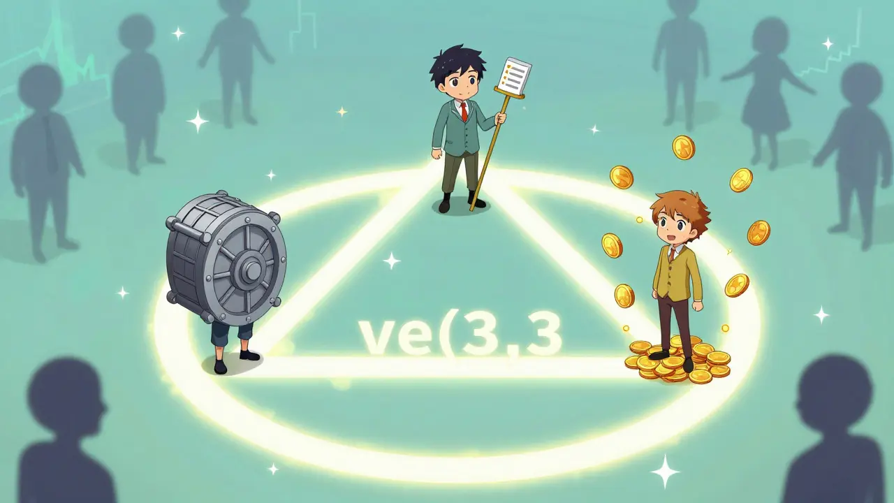 Three anime characters forming a glowing triangle, symbolizing the cooperative ve(3,3) economic model.