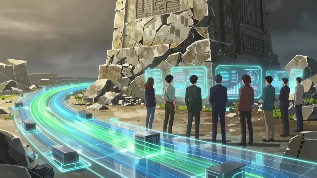 Anime art showing flexible modern blockchain solutions replacing rigid old structures.
