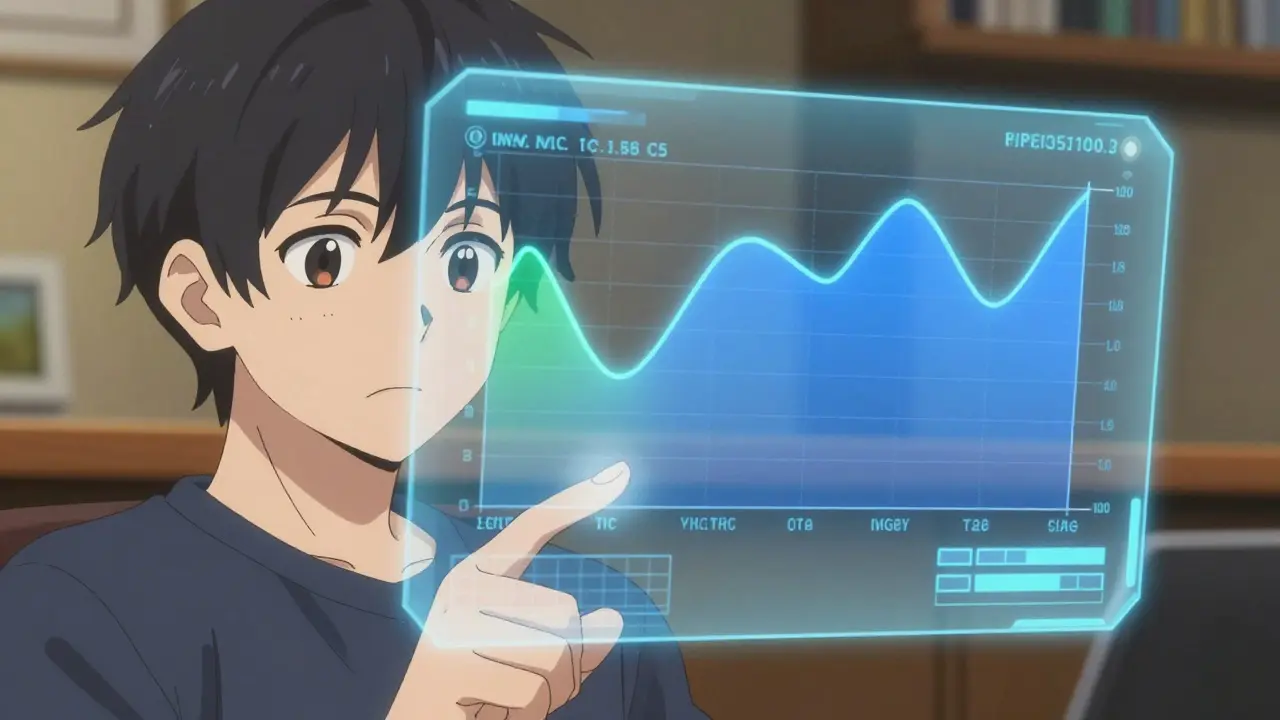 Anime character analyzing liquidity ranges on a holographic screen
