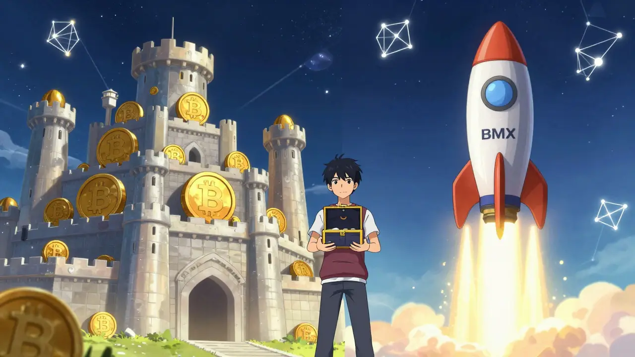 Anime character choosing between large exchanges and BMX rocket launch