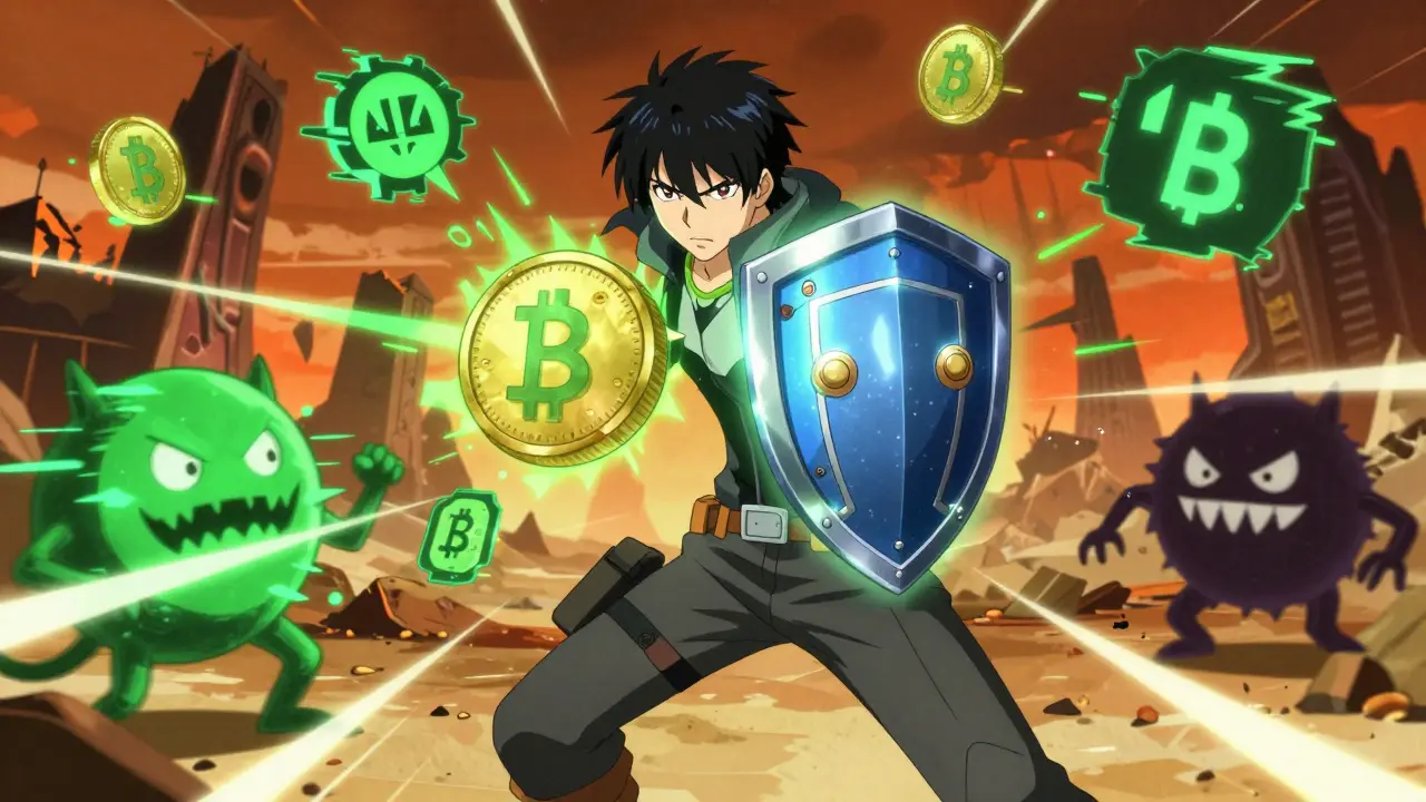 Anime character defending hardware wallet from glitch monsters in digital wild west