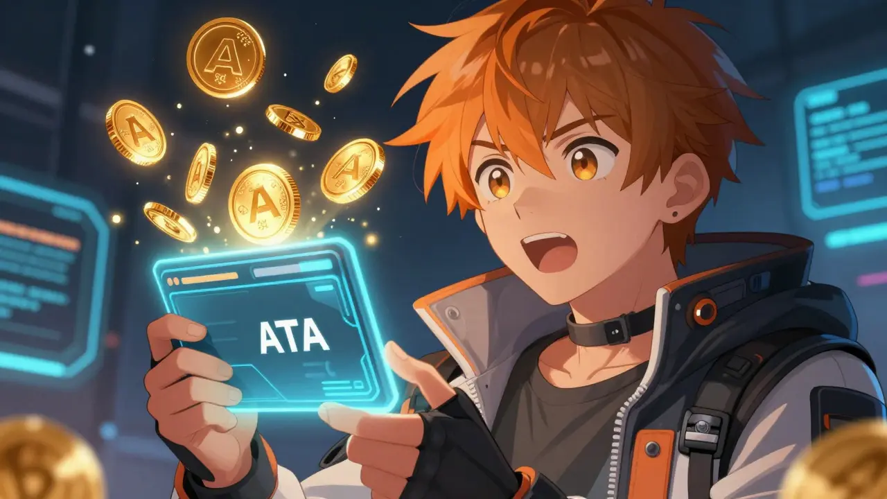 Anime character excitedly viewing holographic ATA airdrop tokens