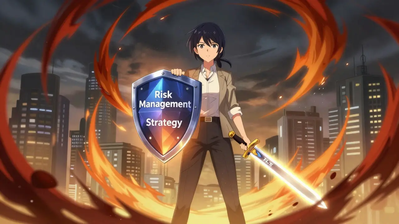 Anime character using risk management shield against market storm